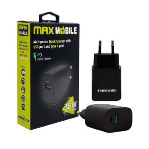 MaxMobile kućni punjač PD QC3.0 DUO USB-C 20W+USB 38W 2UTR3068-QP crni